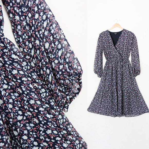 Madewell Tie Waist Midi Dress M Harvest Vine Floral Navy Blue Surplice Neck $148 - Picture 11 of 15